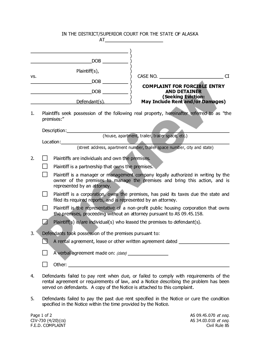 Complaint For Forcible Entry With Damages Us Legal Forms