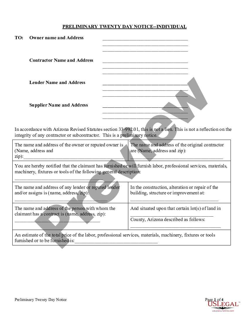 Arizona Preliminary Day Notice Mechanic Liens Arizona Day Az Us Legal Forms