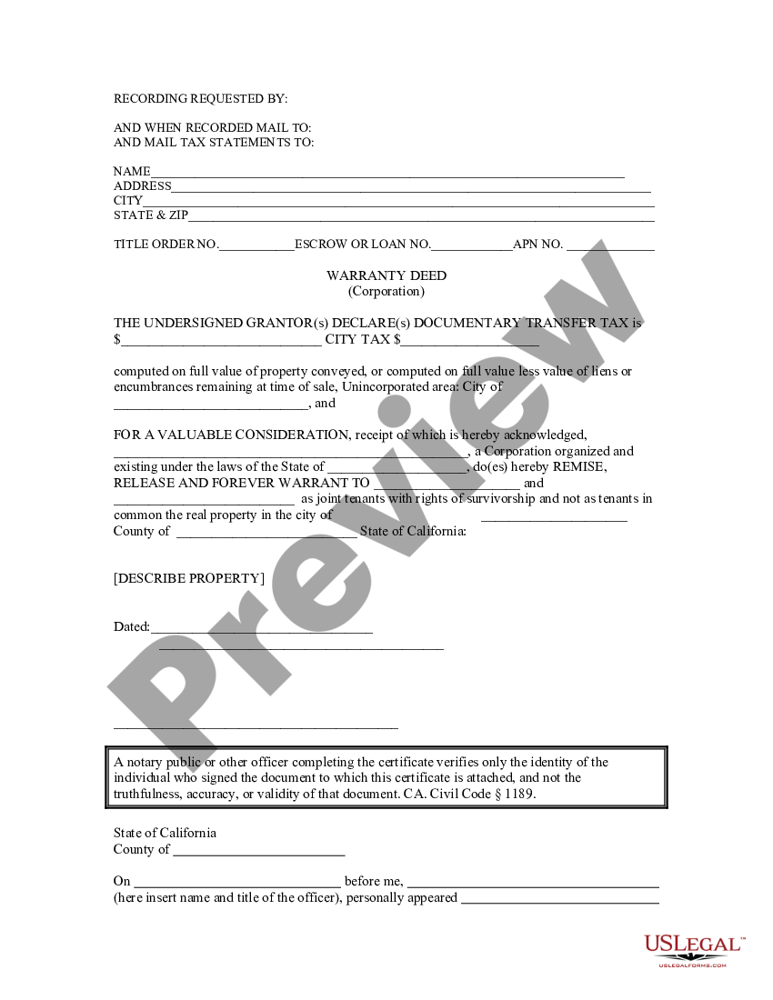 Bakersfield California Warranty Deed For Corporation US Legal Forms