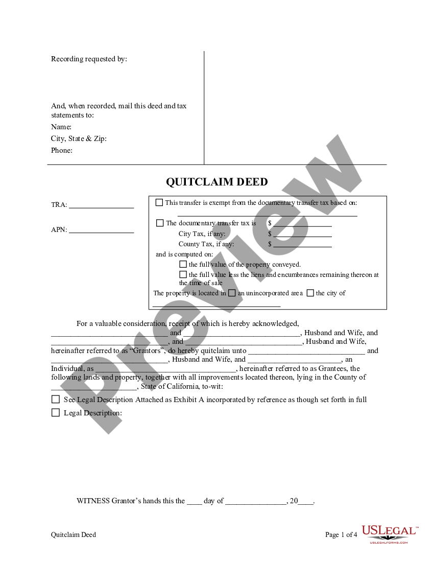 El Cajon California Quitclaim Deed From Two Married Couples To One