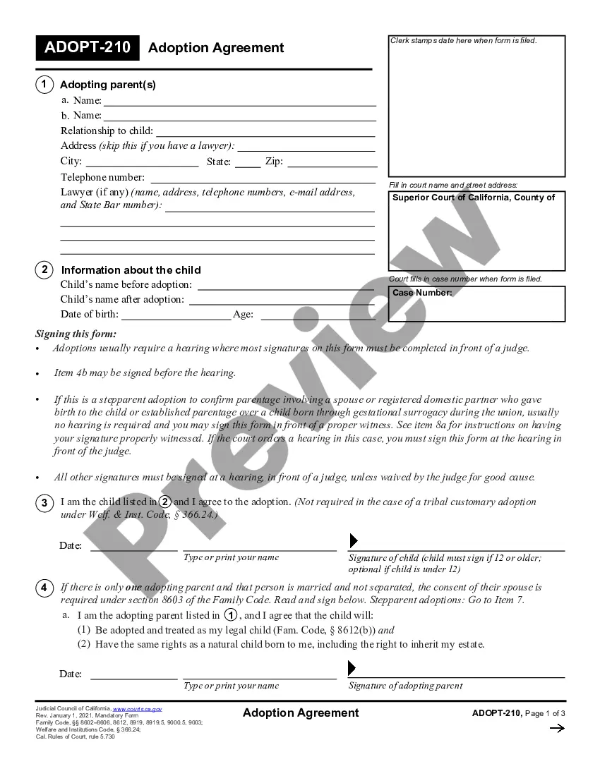 California Adoption Agreement US Legal Forms