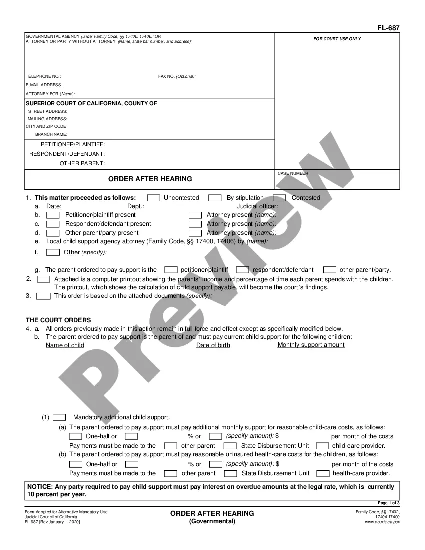 California Order After Hearing Governmental US Legal Forms