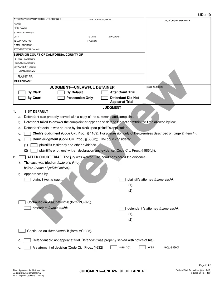 California Judgment Unlawful Detainer Us Legal Forms