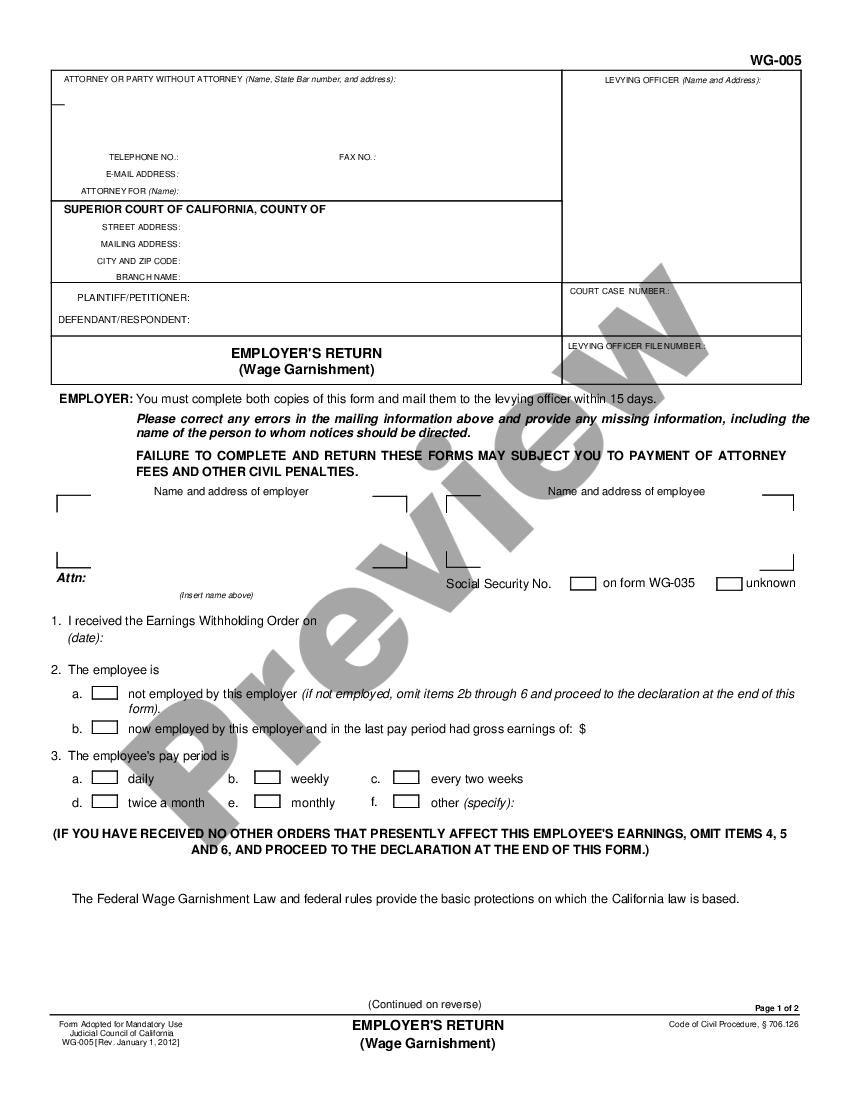 California Employer S Return Wage Garnishment Wg Us Legal Forms