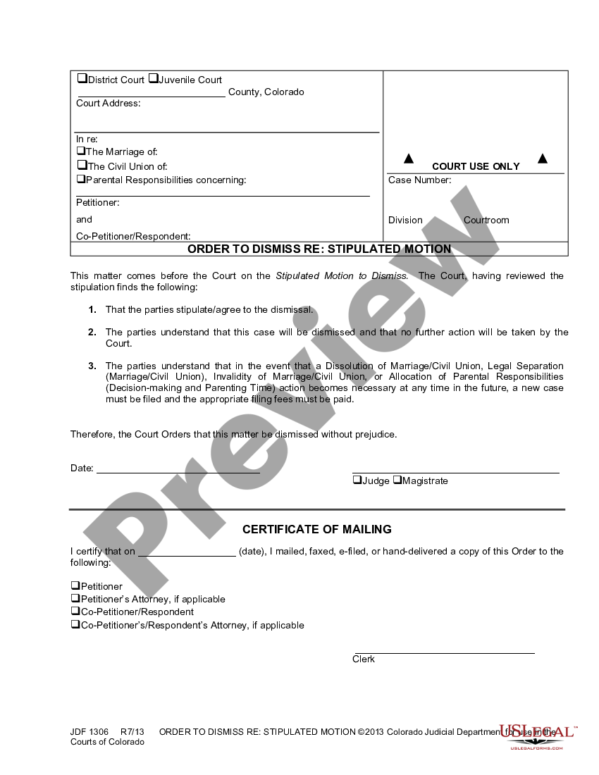 Colorado Order To Dismiss Regarding Stipulated Motion Motion To Dismiss Colorado US Legal Forms