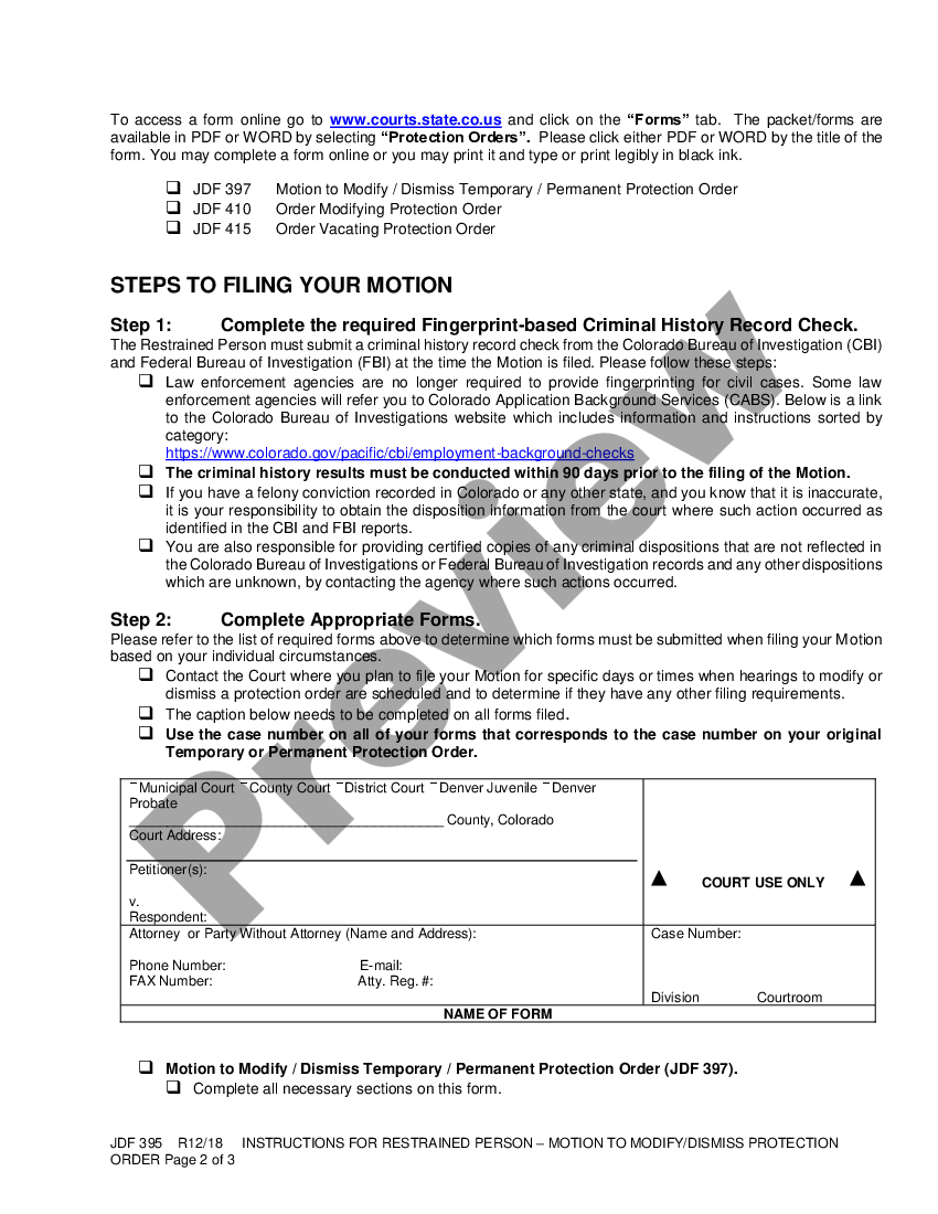 Motion To Modify Protection Order Colorado Us Legal Forms