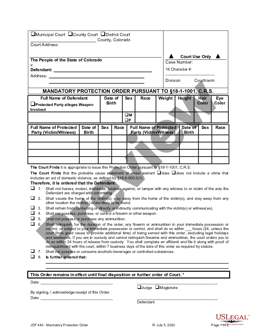 Mandatory Protection Order Colorado Us Legal Forms