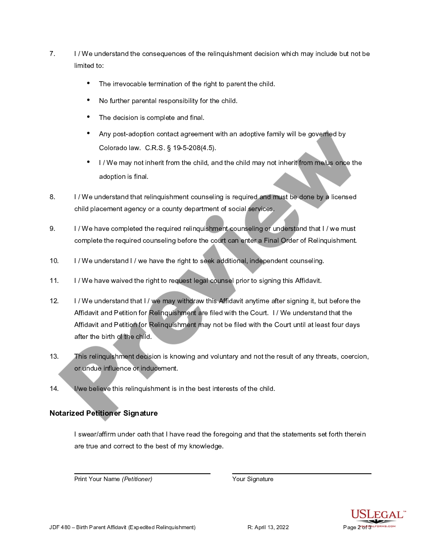 Colorado Springs Colorado Birth Parent Affidavit For Expedited