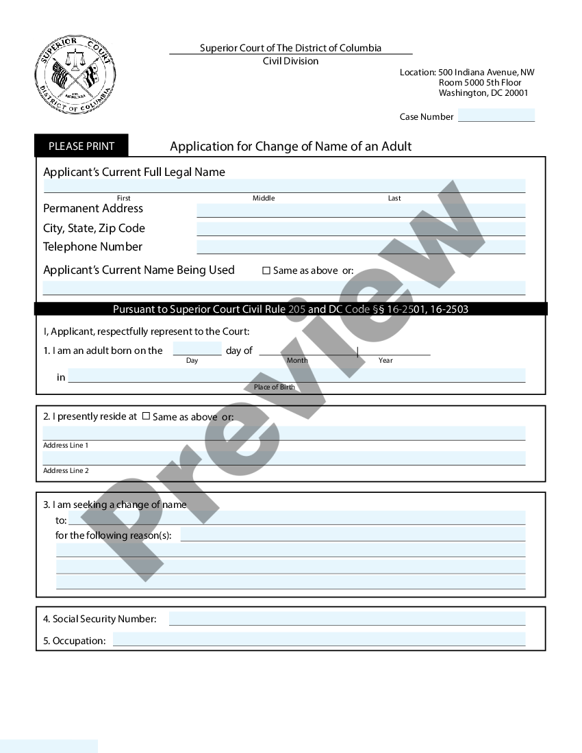 District Of Columbia Instructions And Forms For Changing The Name Of An