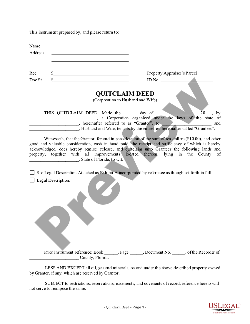 Florida Quitclaim Deed From Corporation To Husband And Wife Us Legal