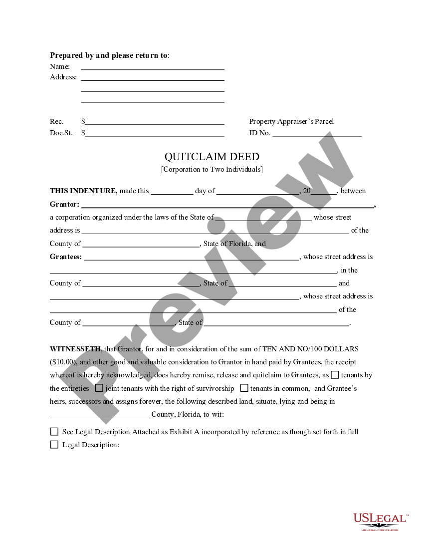 Broward Florida Quitclaim Deed From Corporation To Two Individuals