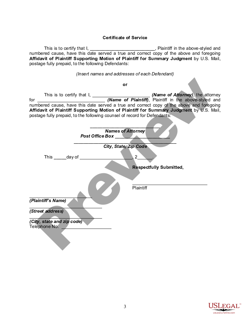 Florida Affidavit Of Plaintiff Supporting Motion For Summary Judgment