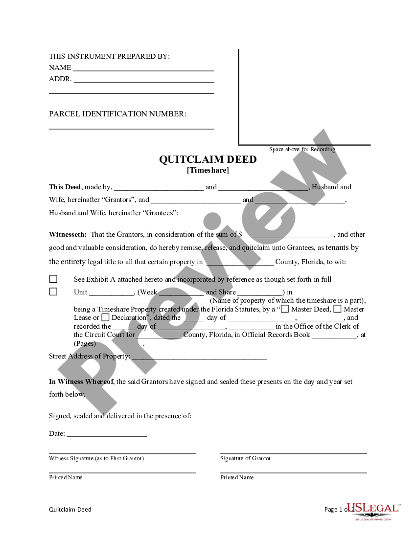 Port St Lucie Florida Timeshare Quitclaim Deed From Husband And Wife