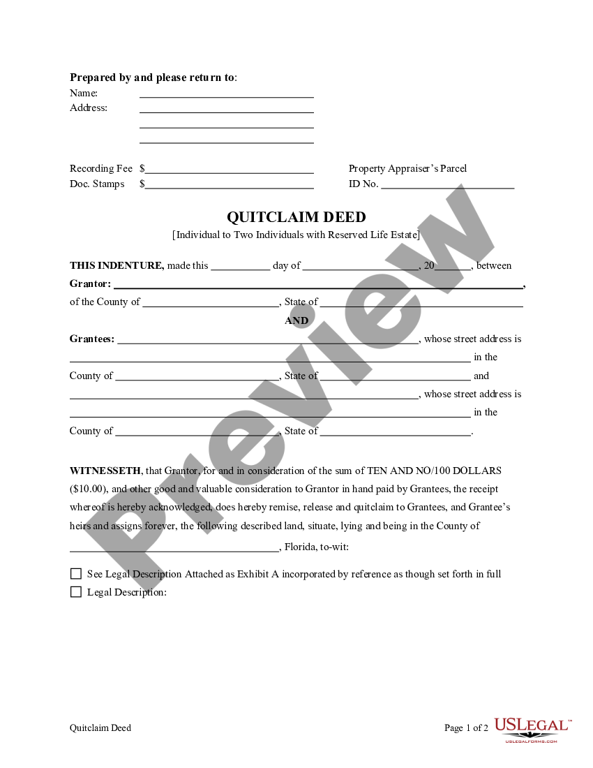 Tampa Florida Quitclaim Deed From One Individual To Two Individuals As