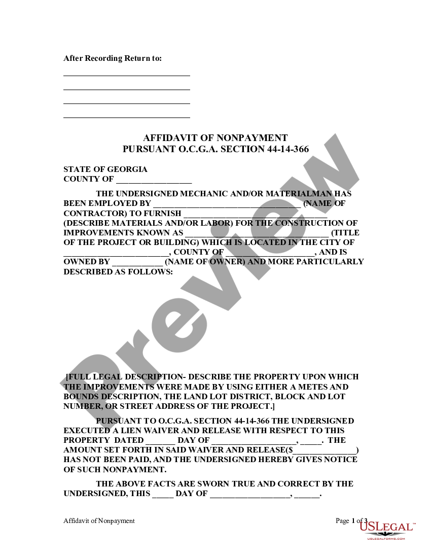 Georgia Affidavit Of Nonpayment By Mechanic Or Subcontractor Sect 44