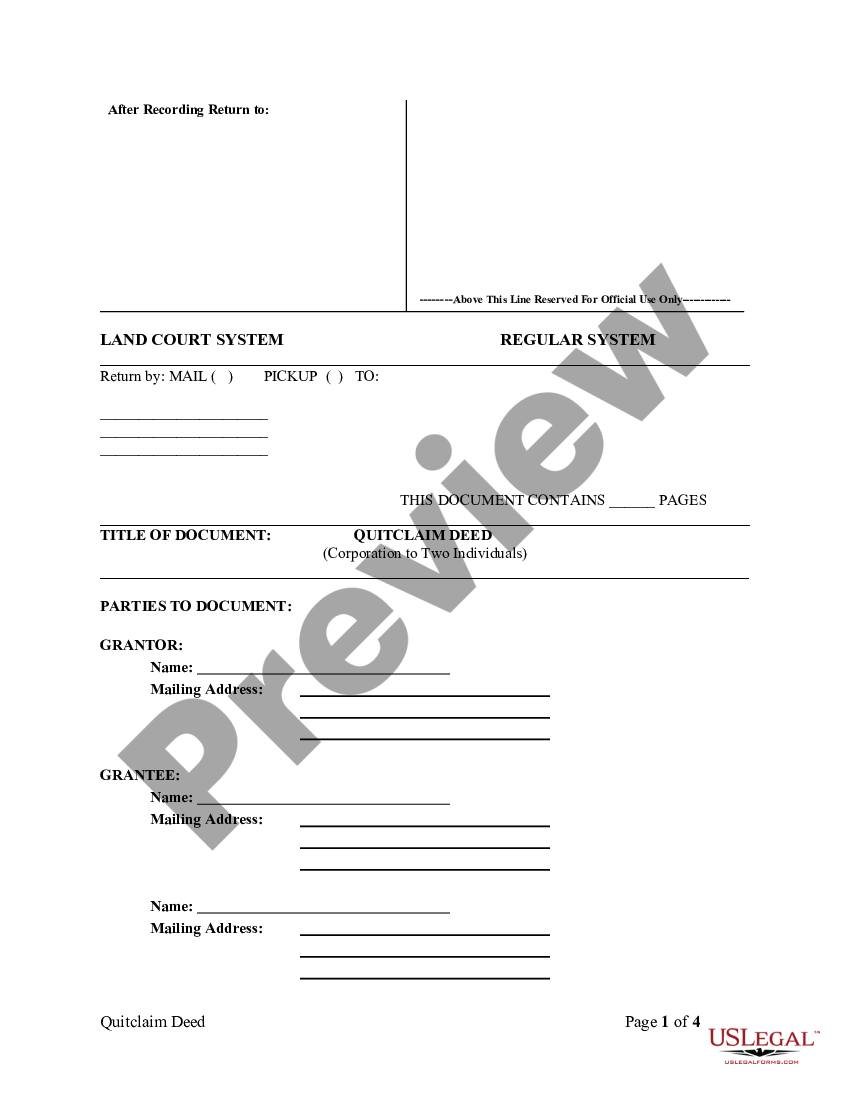 Hawaii Quitclaim Deed From Corporation To Two Individuals US Legal Forms