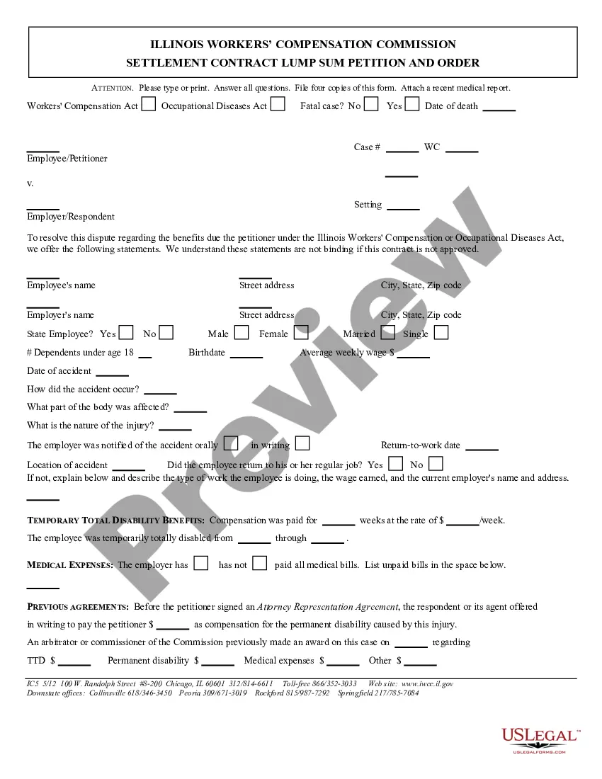 Illinois Settlement Contract Lump Sum For Workers Compensation US