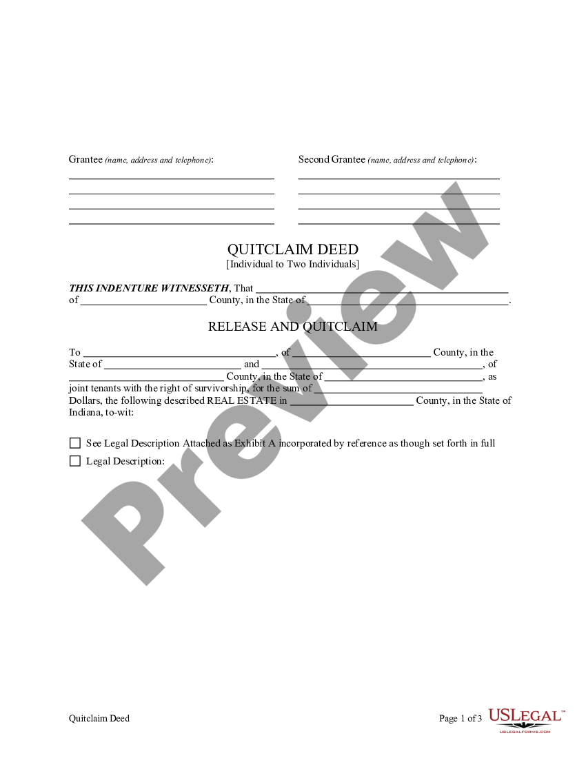 Indiana Quitclaim Deed From Individual To Corporation US Legal Forms