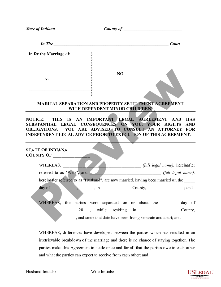 Indiana Marital Legal Separation And Property Settlement Agreement