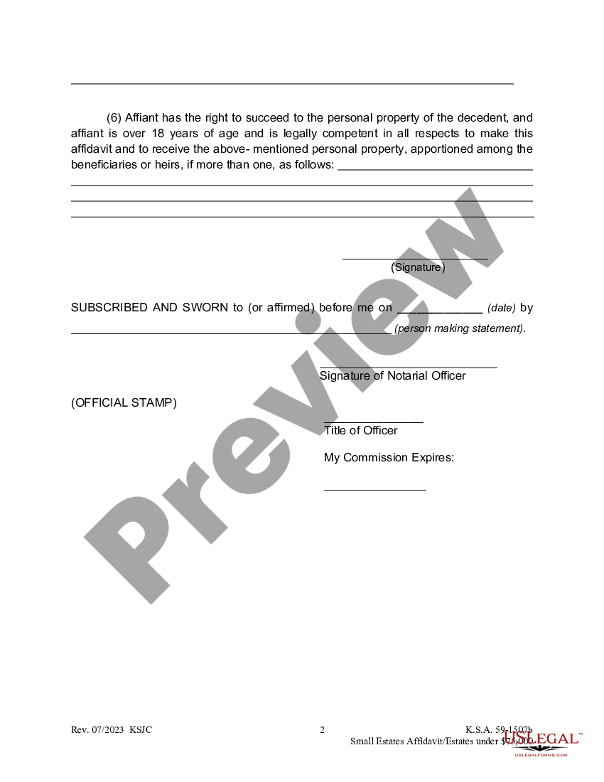 Kansas Small Estate Affidavit For Estates Under Kansas Estate