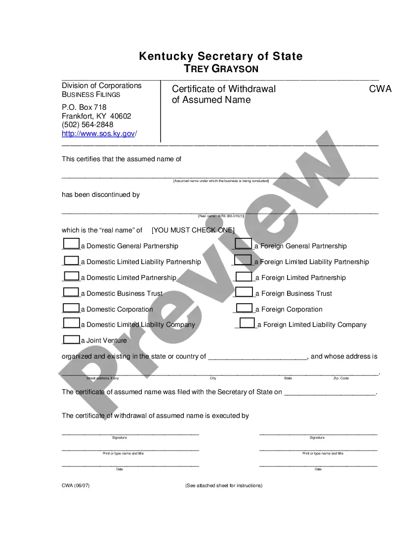 Kentucky Certificate Of Withdrawal Of Assumed Name Dba In Kentucky