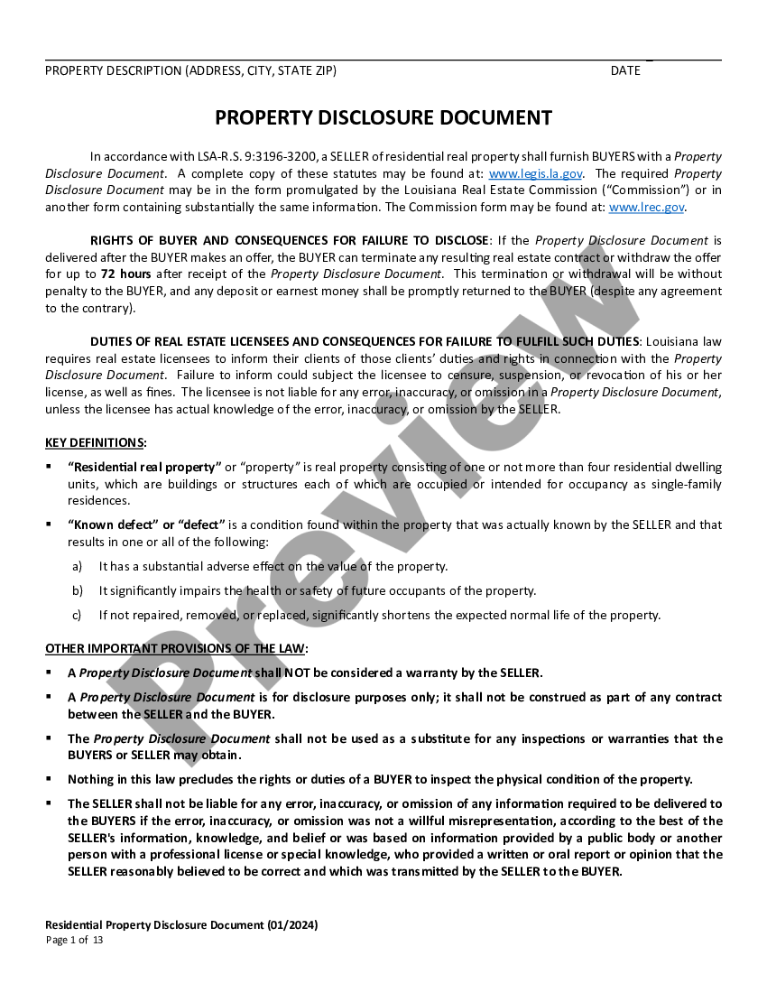 Louisiana Residential Real Estate Sales Disclosure Statement Seller