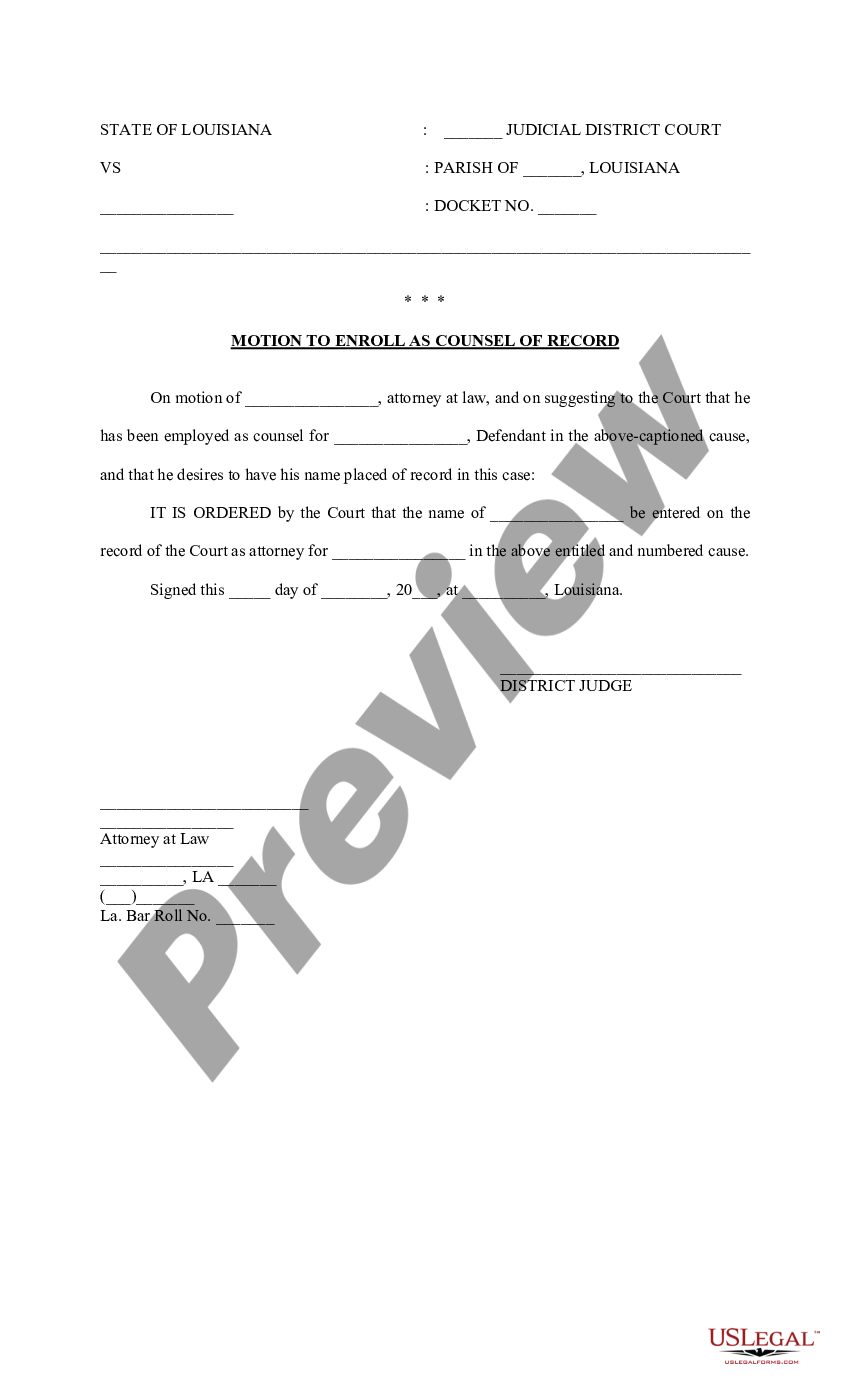 Motion To Enroll As Counsel Louisiana Form Us Legal Forms