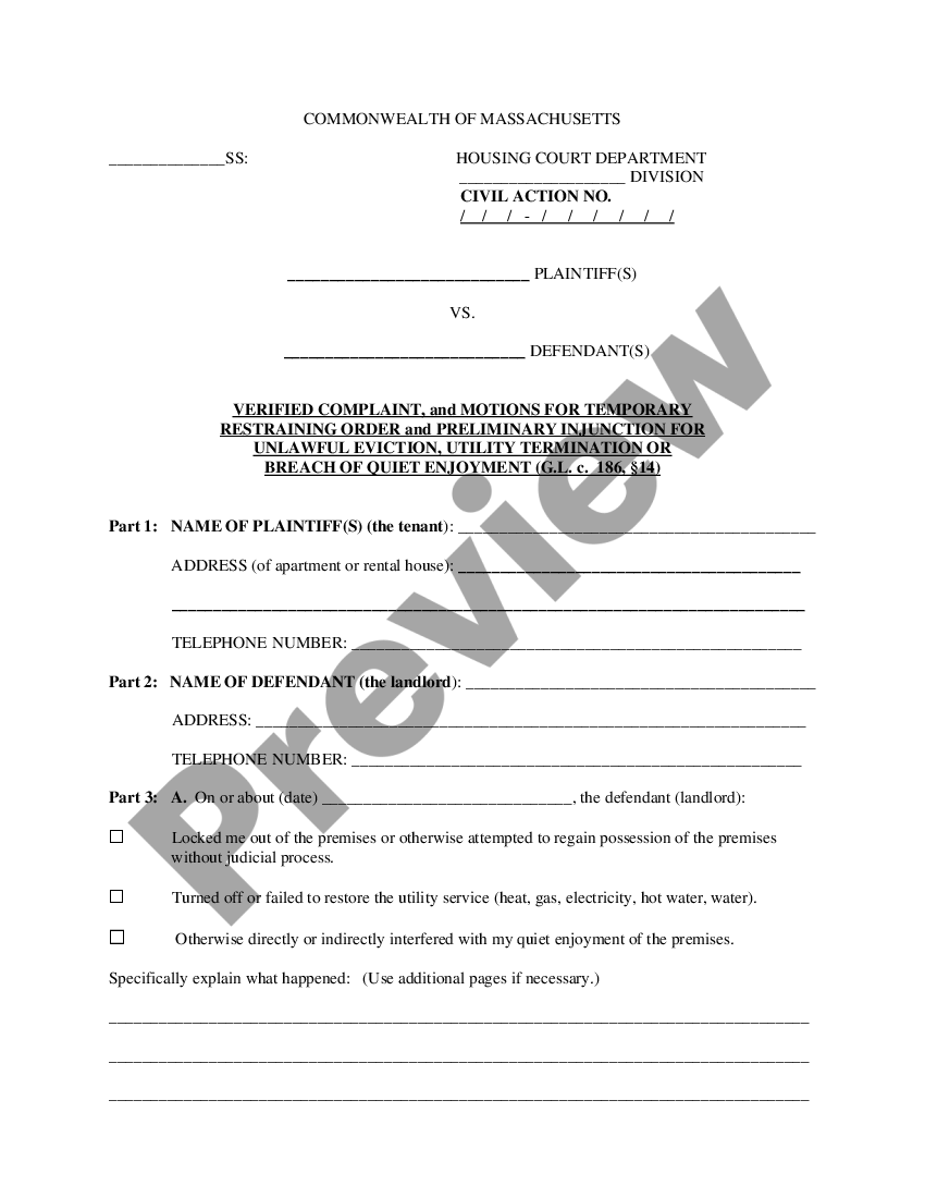 Massachusetts Verified Complaint And Motions For Temporary Restraining