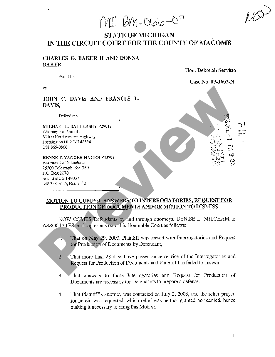 Oakland Michigan Motion To Compel Answers To Interrogatories Request For Production Of