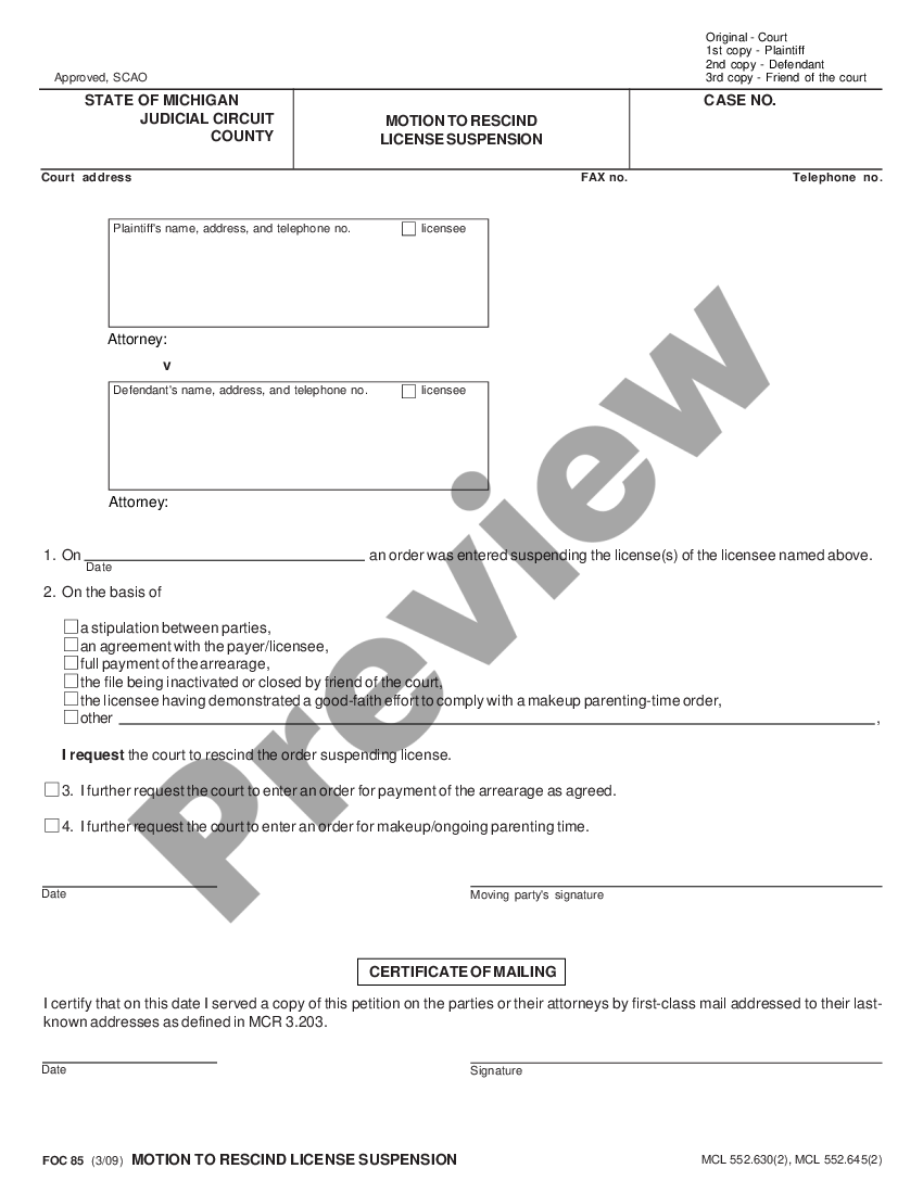 Michigan Petition To Rescind License Suspension US Legal Forms