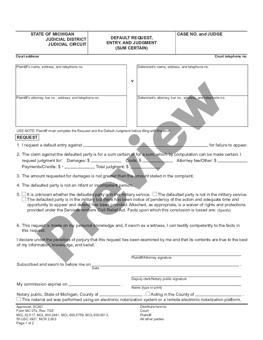 Michigan Default Request Affidavit Entry And Judgment Mc 07a US