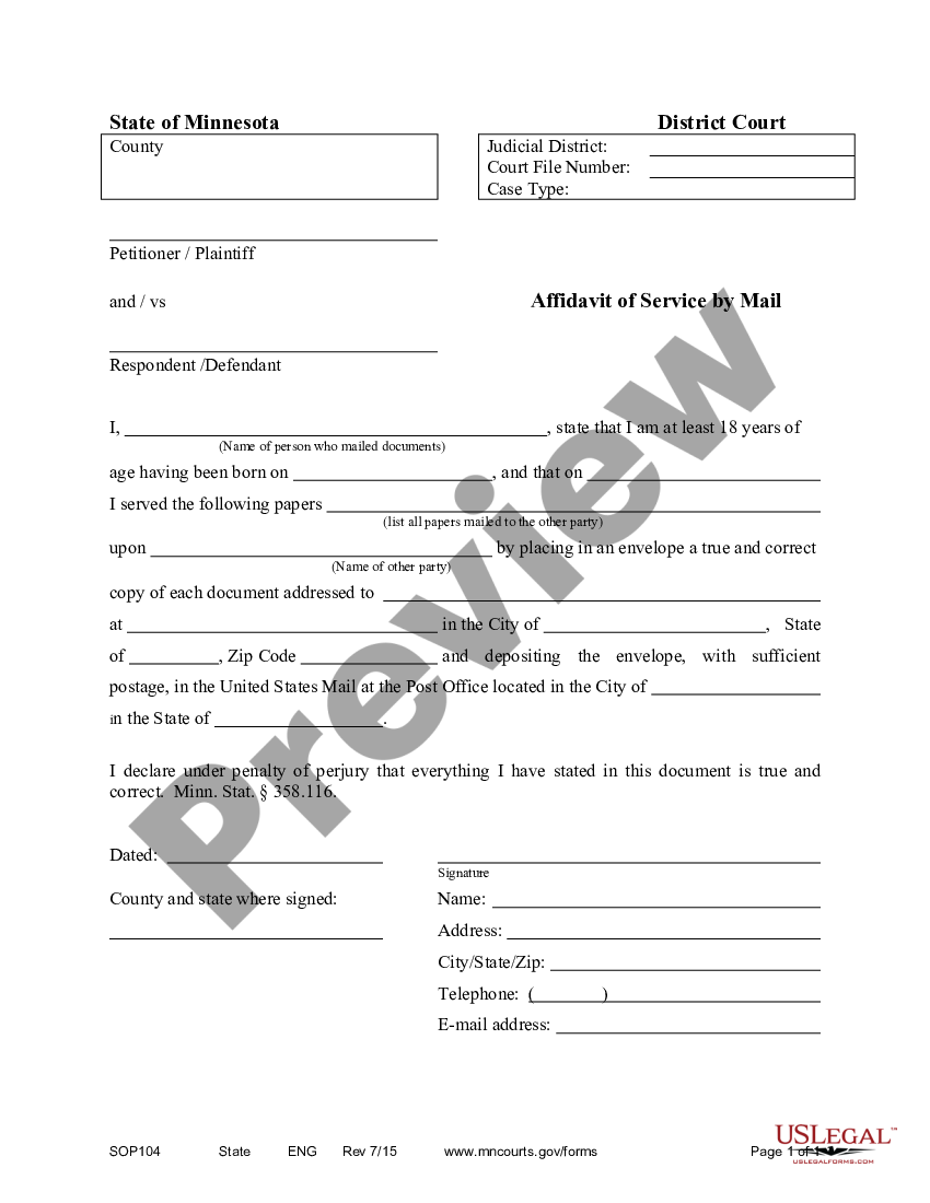 Saint Paul Minnesota Affidavit Of Service By Mail Us Legal Forms