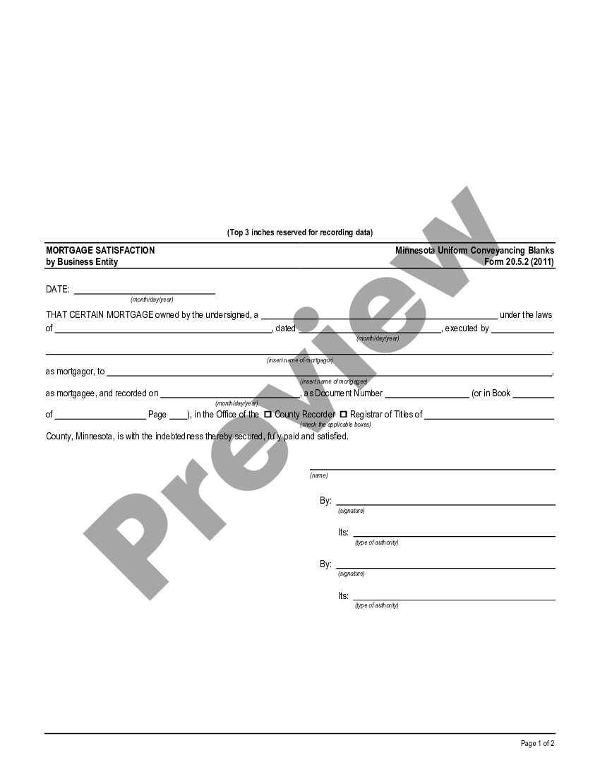 Minnesota Satisfaction Of Mortgage By Business Entity Ucbc Form