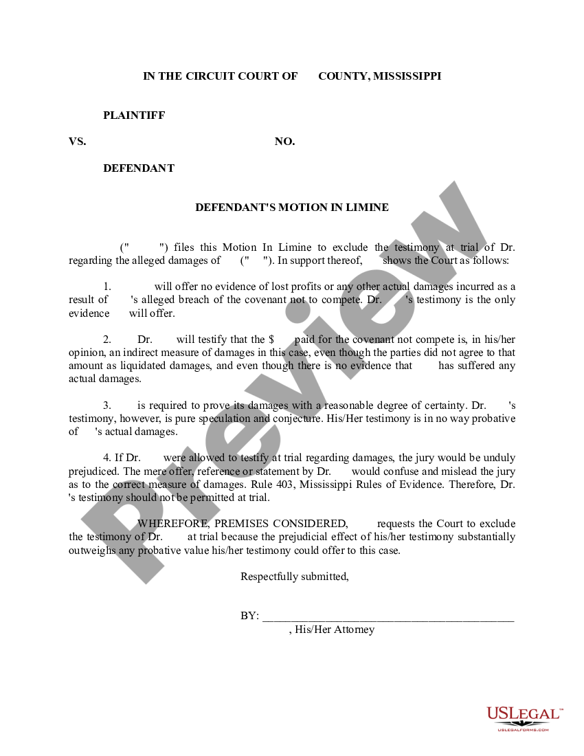 Mississippi Motion In Limine US Legal Forms