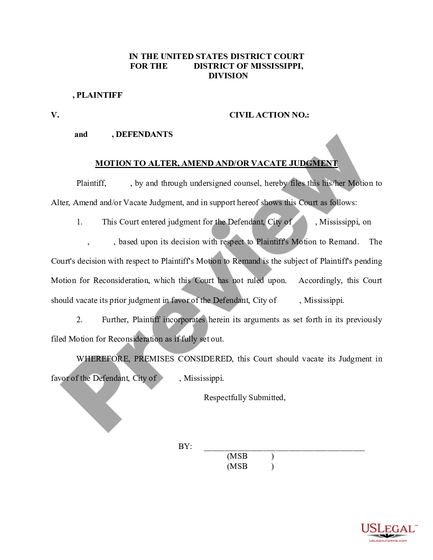 Mississippi Motion To Alter Amend And Or Vacate Judgment Vacate