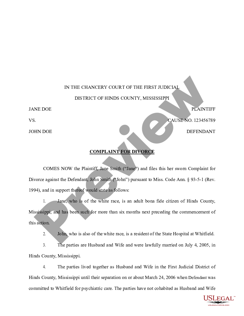 Mississippi Complaint For Divorce Involving Psychiatric Care Of