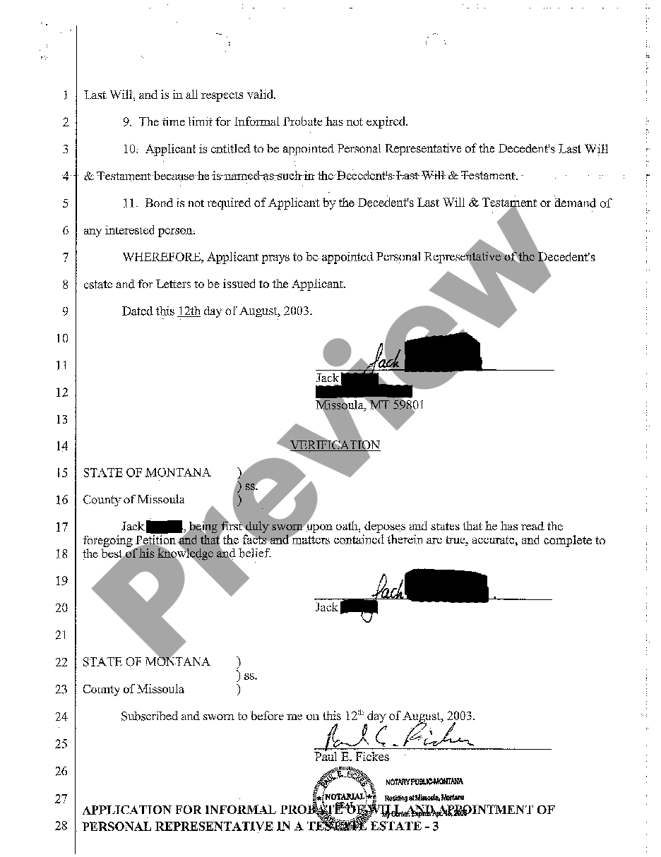 Montana Application For Informal Probate Of Will And Appointment Of Personal Representative In A