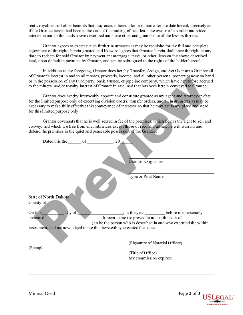 North Dakota Mineral Deed Individual To Individual North Dakota