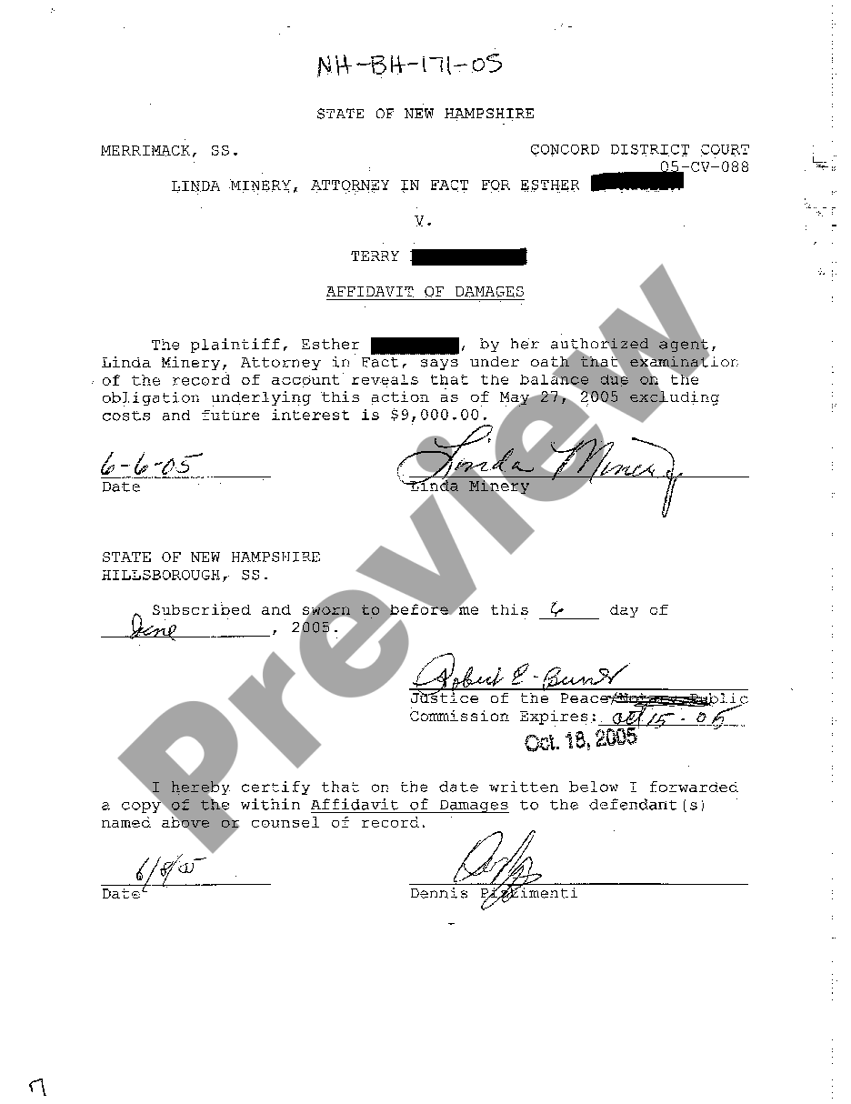 New Hampshire Affidavit Of Damages US Legal Forms