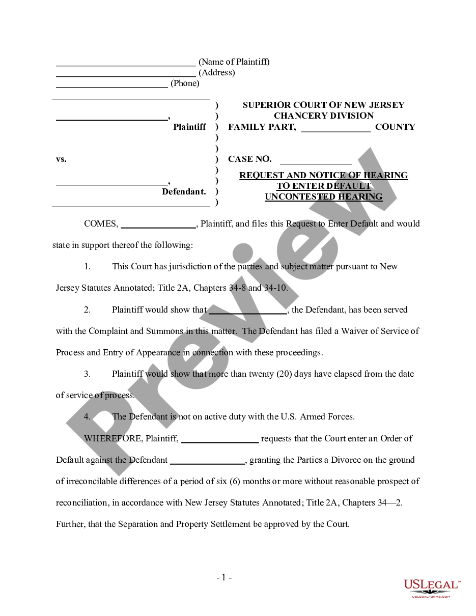 New Jersey Request And Notice Of Default Uncontested Hearing For