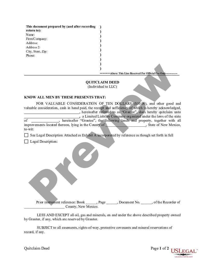 New Mexico Quitclaim Deed From Individual To LLC New Mexico Quit