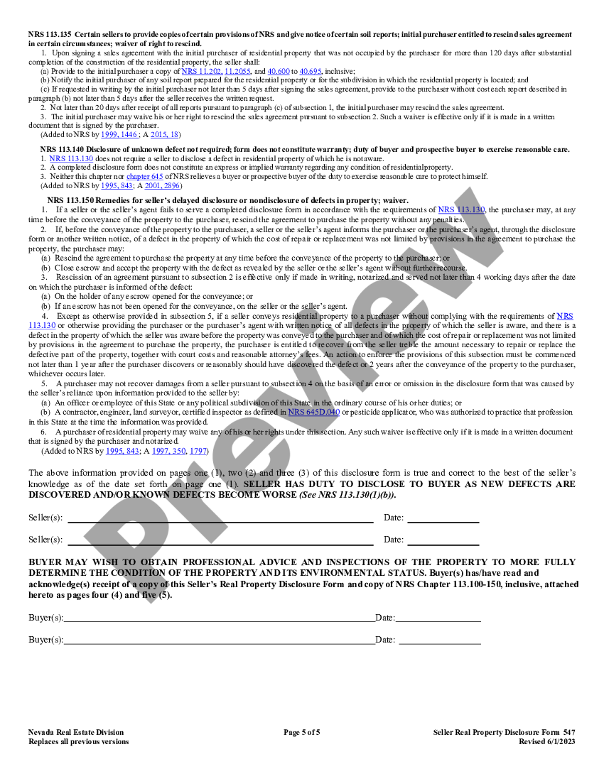 Nevada Residential Real Estate Sales Disclosure Statement Us Legal Forms