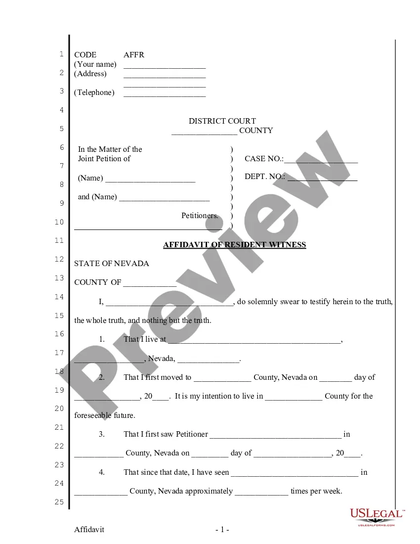 Nevada Affidavit Of Resident Witness Affidavit Of Resident Witness