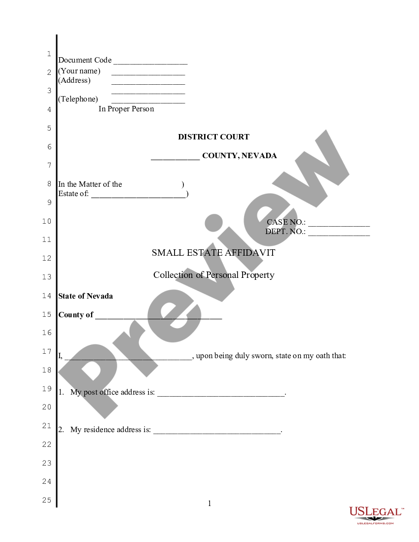 Nevada Small Estate Affidavit For Personal Property Only Estates