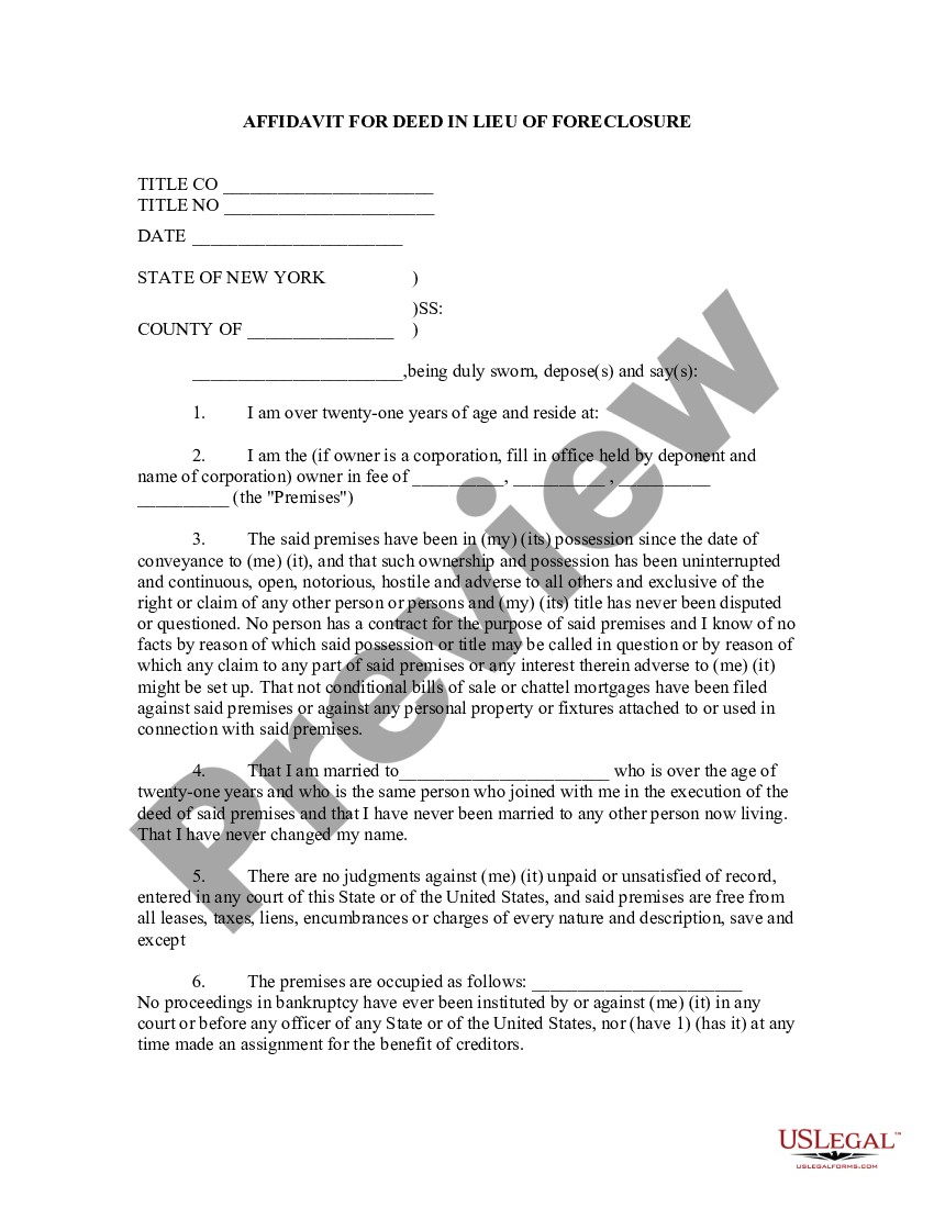 New York Affidavit For Deed In Lieu Of Foreclosure Ny Deed US Legal