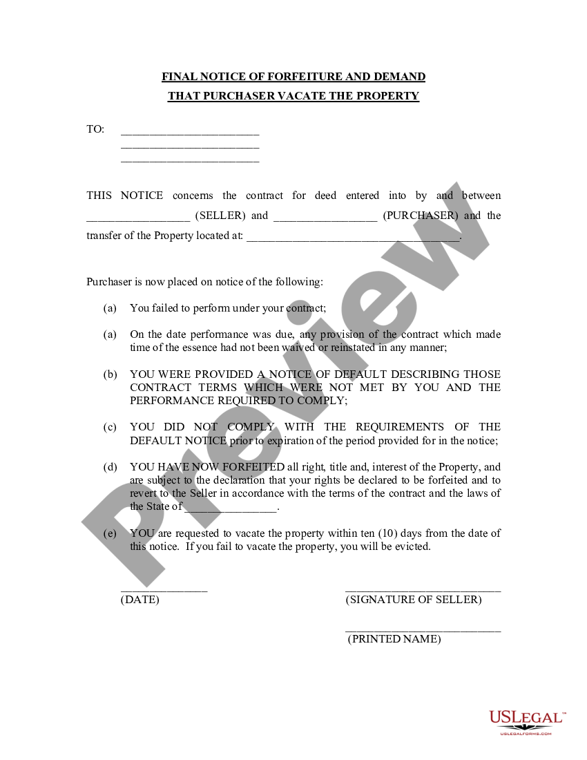 Ohio Final Notice Of Forfeiture And Request To Vacate Property Under