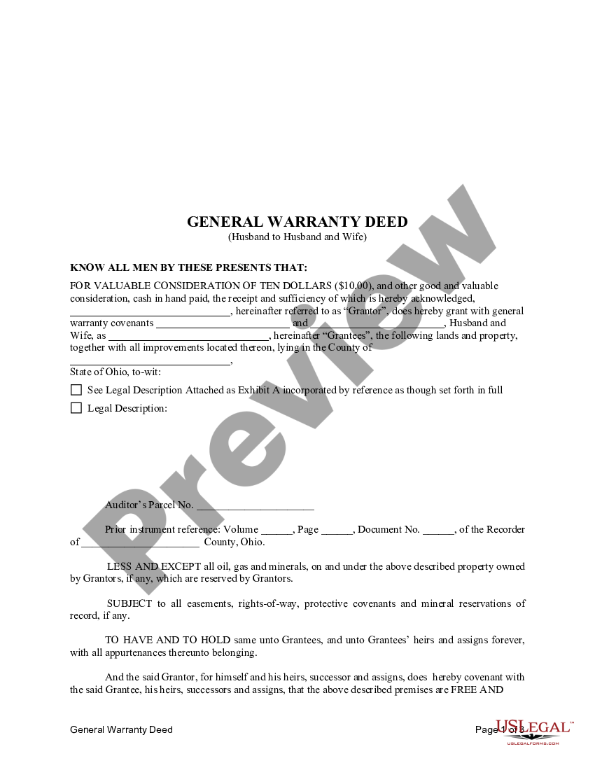 Ohio General Warranty Deed From Husband To Himself And Wife Us Legal