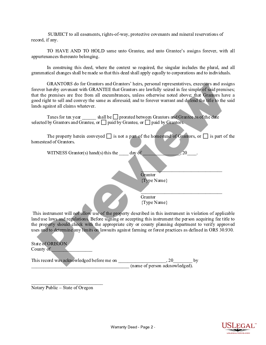 Oregon Warranty Deed From Husband And Wife To A Trust Us Legal Forms