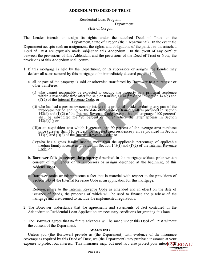 Oregon Addendum To Deed Of Trust Us Legal Forms