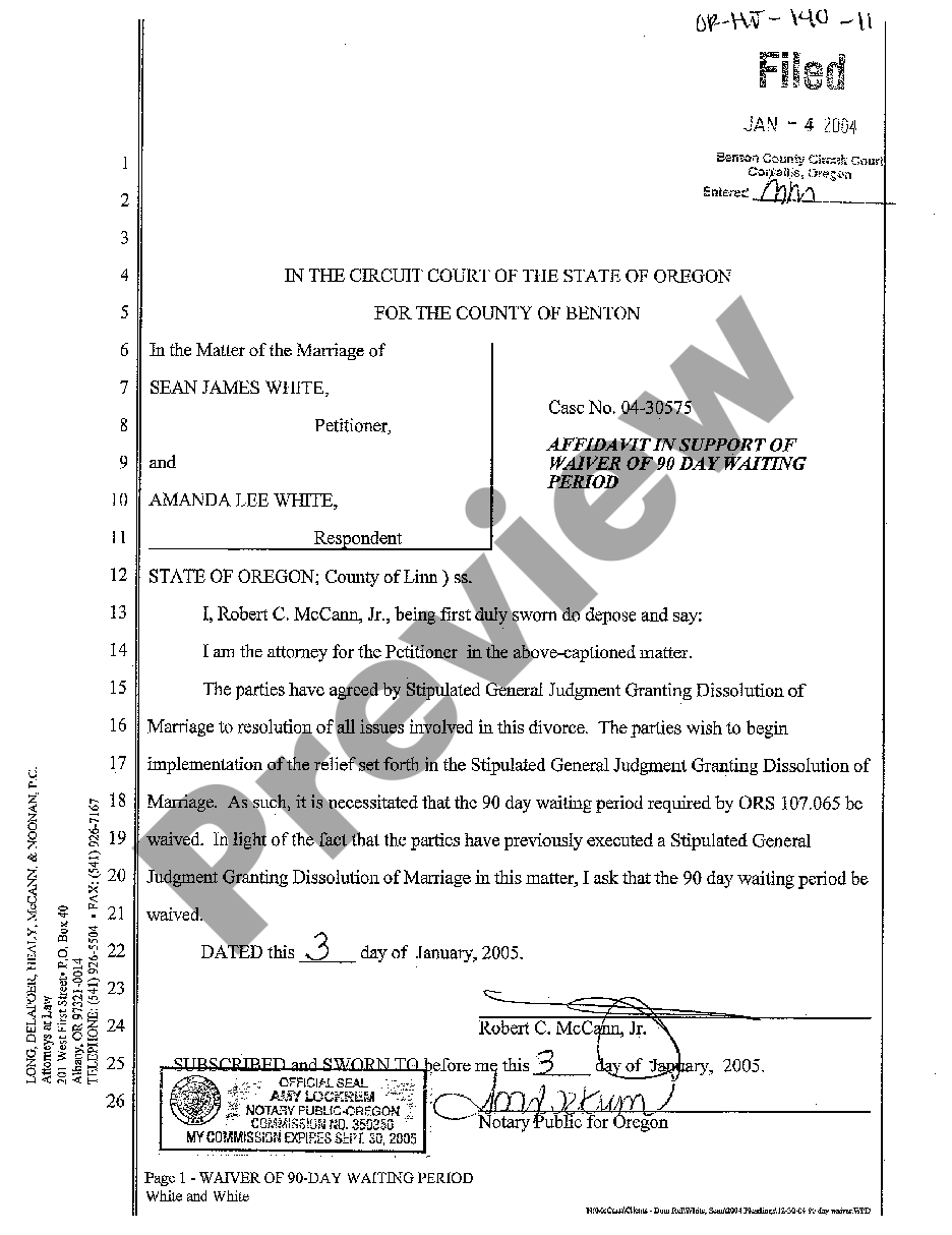 Oregon Affidavit In Support Of Waiver Of 90 Day Waiting Period US